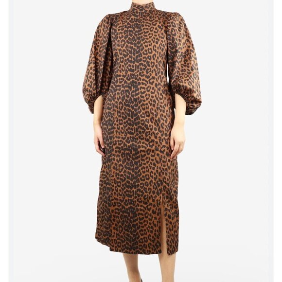 Ganni Sustain Leopard puff sleeves midi dress, Brown Leopard, Size 34 - Picture 1 of 13